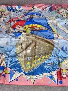Silk-Feel Nautical Print Scarf in Pink and Blue 100%silk 90 x90cm